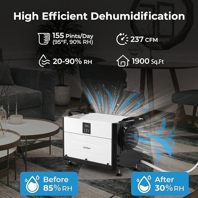 COSTWAY 155 PPD Commercial Dehumidifier, 1900 Sq.Ft Crawl Space Dehumidifier with 9.8 FT Drain Hose & Wired Remote Control Panel, Ideal for Basement, Warehouse (White)