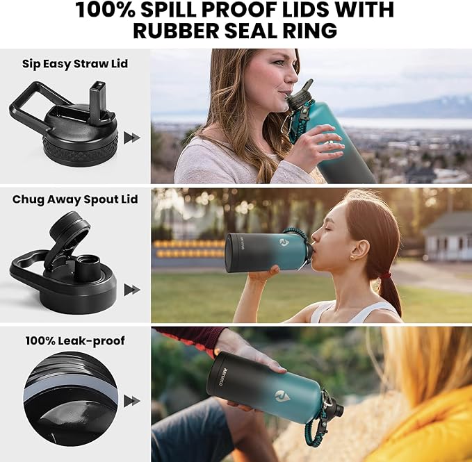 Insulated Water Bottle 87 oz, Triple Wall Vacuum Stainless Steel (Cold for 48 Hrs), Leak Proof & Non-BPA, Modern Water Flask Jug with Paracord Handle & Straw Spout Lids, Indigo/Black-FlexoryFit