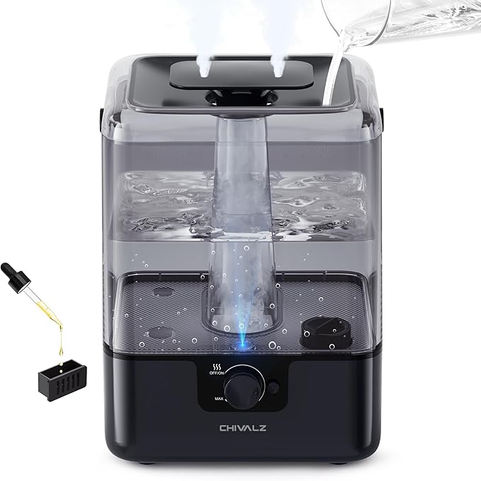 CHIVALZ 6L Humidifiers for Bedroom Large Room Home, Cool Mist Top Fill Humidifiers for Baby Nursery and Plants, 26dB Quiet, Nightlight, Up to 50 Hours, Oil Diffuser 1 Pack + 2 Mist Outlets Black