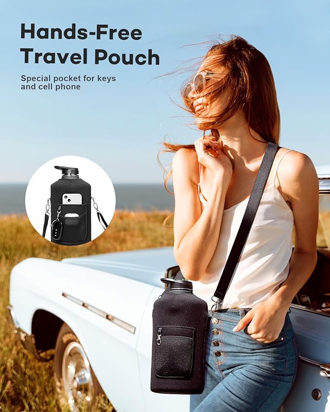 128 oz Insulated Water Bottle with Straw and Lid, One Gallon Stainless Steel Cup with Handle,Leakproof Metal Travel Jug Flask Mug Tumbler Cup With Carry Pouch and Brush,Keep Cold & Hot,Black-FlexoryFit