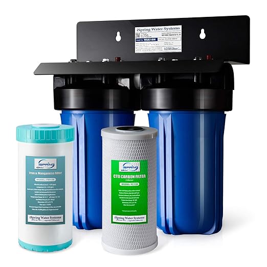 iSpring WGB21BM 2-Stage Whole House Water Filtration System, 10” x 4.5” Carbon Block and Iron & Manganese Reducing Filters, 1" Ports
