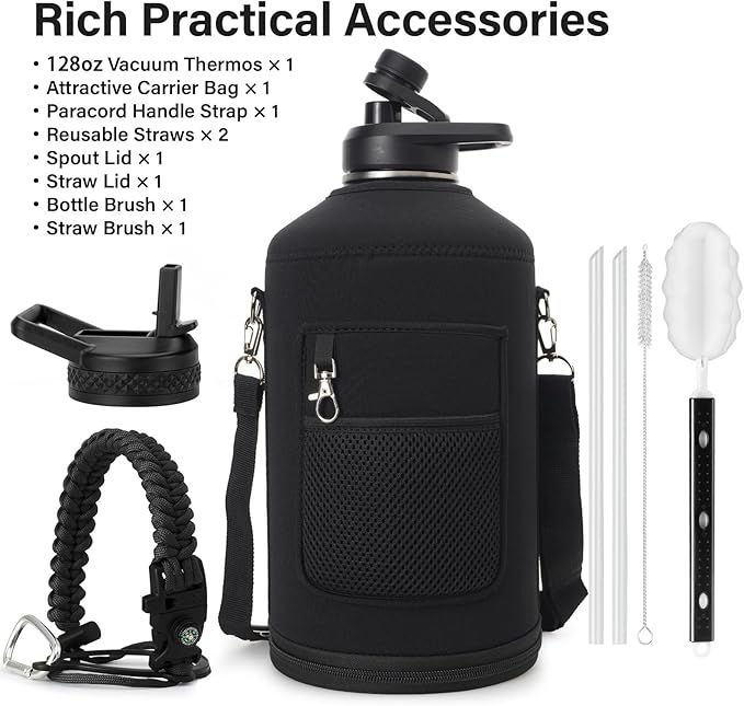 1 Gallon Water Bottle Insulated | Thickened Stainless Steel Vacuum Metal Water Jug | Portable Sports Large for Gym and Hiking with Straw, Carrier Bag, Handle Strap | BPA-Free 128 oz-FlexoryFit