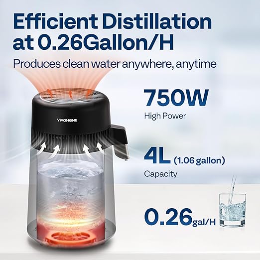 VIVOHOME Water Distiller Countertop 1.06 Gallon/4L 750W Distilled Water Machine with Smart Switch Purifier Filter for Home Office, Black