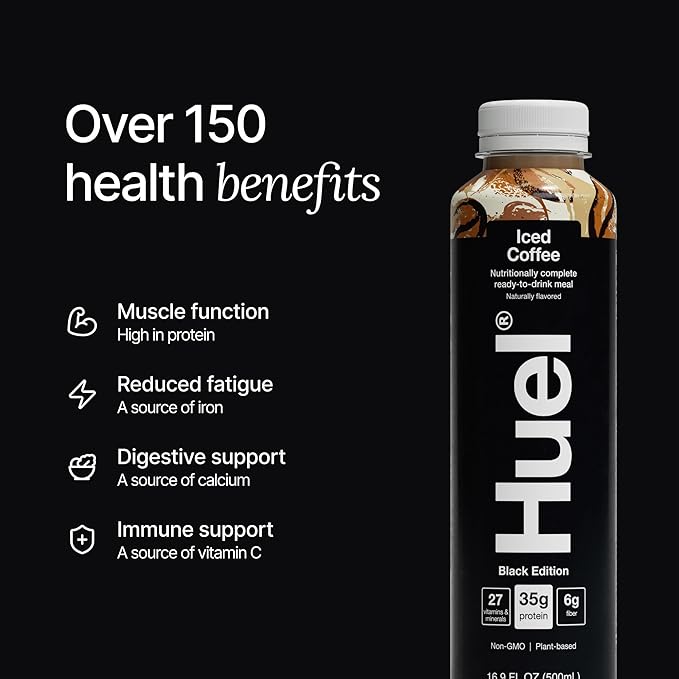 Huel Black Edition Ready-to-Drink | Iced Coffee Meal Replacement Shake | 35g High Protein Drink | 27 Vitamins & Minerals, Vegan, Gluten Free | Plant Based | High Fiber, Low Sugar | 16.9 Fl Oz, 12 Pack-FlexoryFit