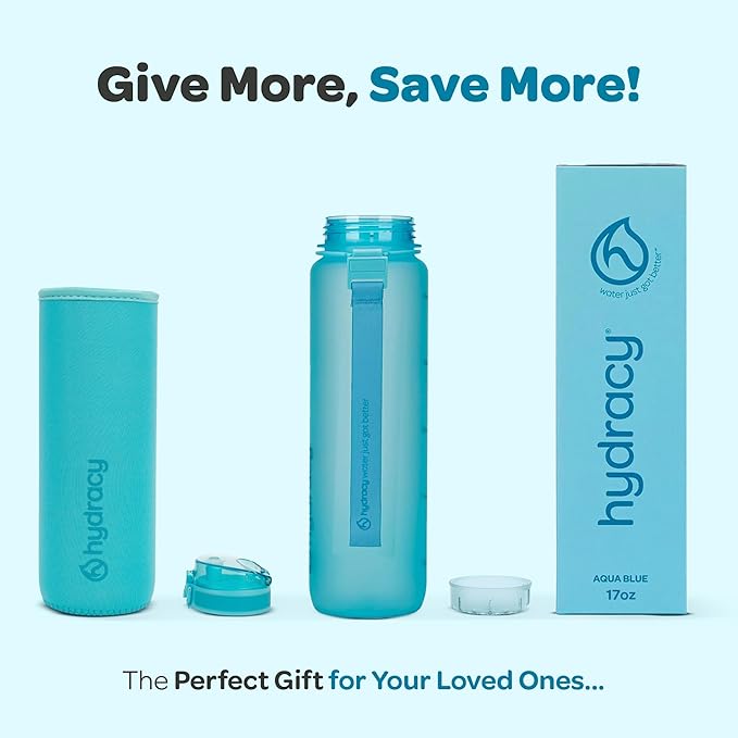 Hydracy Water Bottle with Time Marker -Large BPA Free Water Bottle & No Sweat Sleeve -Leak Proof Gym Bottle with Fruit Infuser Strainer & Times to Drink -Ideal for Fitness Sports & Outdoors
