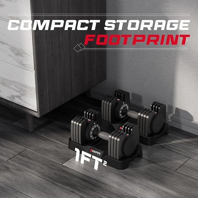 Keppi Adjustable Dumbbells Set-25lb/40lb/55lb/60lb, Anti-Slip Metal Fast Adjust Weight Handle, Exercise & Fitness for Full Body Workout - Adjustable Dumbbell Series-FlexoryFit