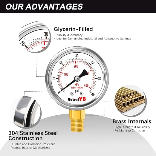 0-60 Psi Glycerin-Filled Pressure Gauge, 2-Inch Gauge, Stainless Steel - Image 5