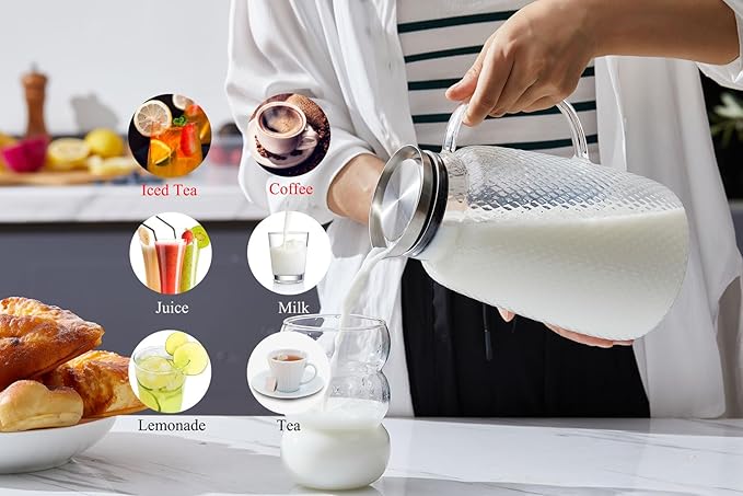 Purefold Pitcher with Lid, 78 oz Glass Jug with Stainless Steel Lid for Hot and Cold Water, Fruit Tea, Coffee Maker, Ice Tea, Juice, Pineapple Series (Clear)