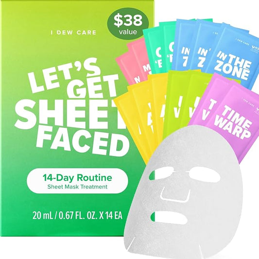 I DEW CARE Glass Skin Facial Sheet Mask Variety Pack - Let's Get Sheet Faced | 14 Days Facial Masks Set, Moisturizing Face Masks Skincare, Korean Face Mask, Hydrating Collagen Face Mask, 14 Count-FlexoryFit