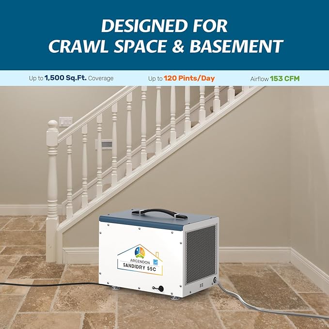 ARGENDON Commercial Dehumidifiers with Pump and Drain Hose for Crawlspace, Basement, 120 PPD Energy Star Crawl Space Dehumidifier for Large Spaces, Job Site, Auto Defrost, 5-Year Limited Warranty