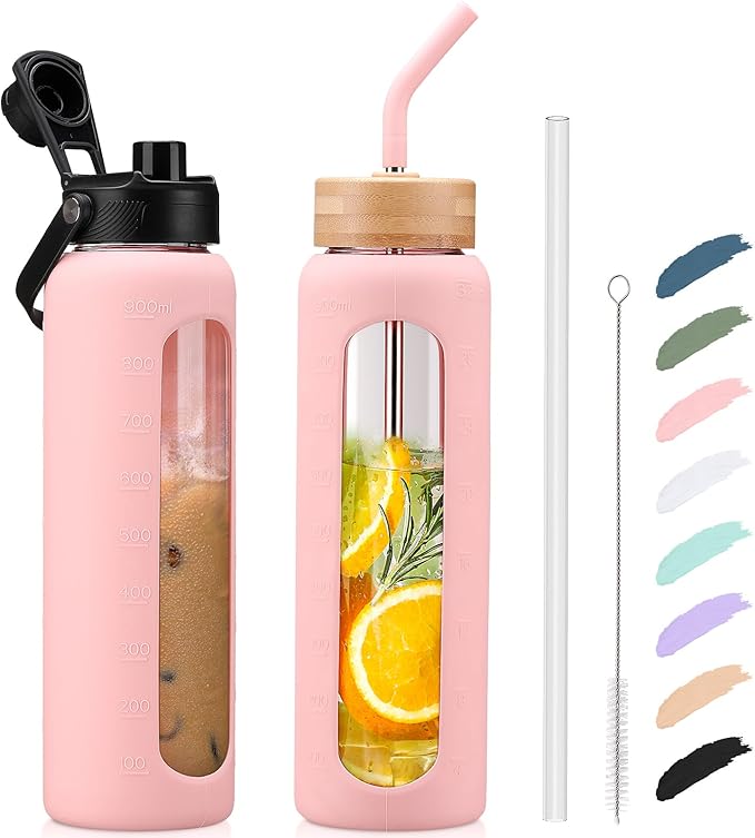 Kodrine Water Bottle with Straw, 24 oz Glass water Bottle with 2 Lids Bamboo Straw Lid and Spout Lid with Handle, 32 oz Clear Water Bottle Glass for Sports Travel, Waterbottle with Time Marker-FlexoryFit