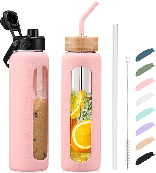 Kodrine Water Bottle with Straw, 24 oz Glass water Bottle with 2 Lids Bamboo Straw Lid and Spout Lid with Handle, 32 oz Clear Water Bottle Glass for Sports Travel, Waterbottle with Time Marker-FlexoryFit