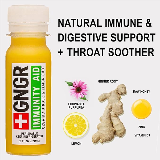 '+GNGR Immunity Aid Organic Ginger and Lemon Shot - Cold Pressed Ginger Shots with Echinacea, Lemon Juice, Honey, Zinc & Vitamin D3, Immune & Digestive Support (2 Oz, Pack of 12)-FlexoryFit