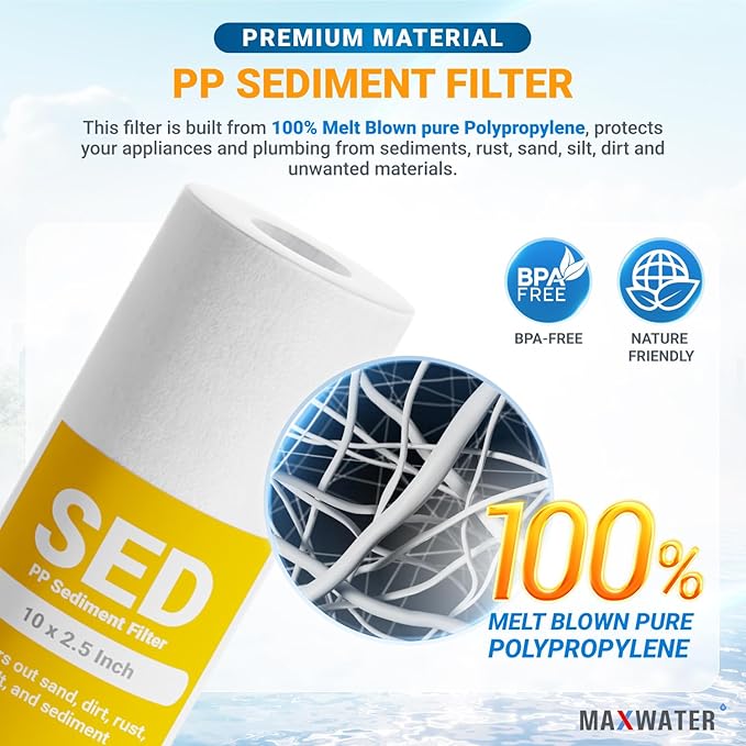 Max Water 10 inch x 2.5 inch, 1 Micron Replacement Sediment Water Filter Cartridge for Whole House, Melt Blown Filtration Fiber for Heavy Duty (Pack of 2)