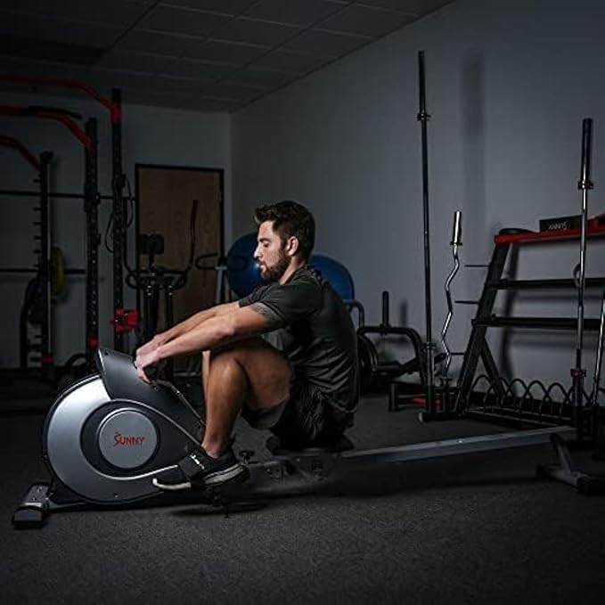 Sunny Health & Fitness Flip & Foldable Rowing Machine for Home w/Extended Slide Rail, Full-Body Workout, Low-Impact, Optional Extra Long Rail, Quiet Rail Cover, Water Motion and Free SunnyFit App-FlexoryFit