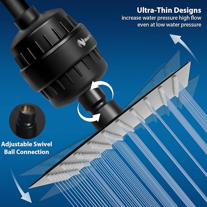 NearMoon Square Shower Head and 15 Stage Shower Filter Combo, High Pressure Filtered Head for Hard Water, Improves the Condition of Your Skin, Hair (Matte Black)