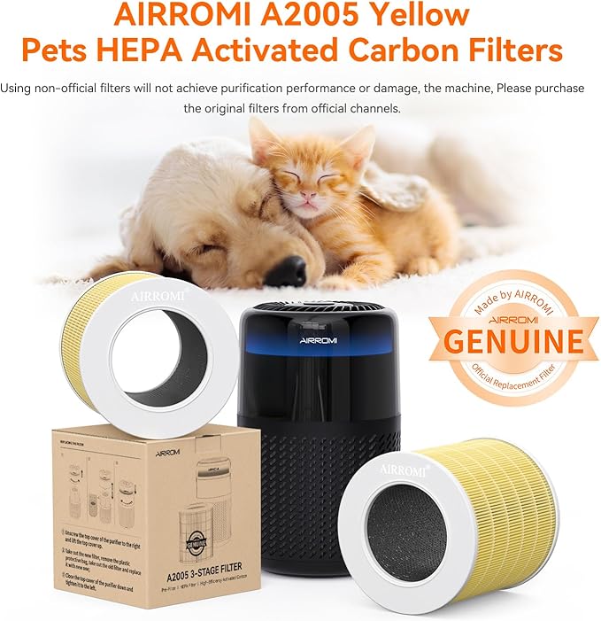 AIRROMI A2005 HEPA Air Purifier Replacement Filter, 3-In-1 Original Filter, Remove 99.97% of 0.3 Micron Particle 1 Pack (Yellow)