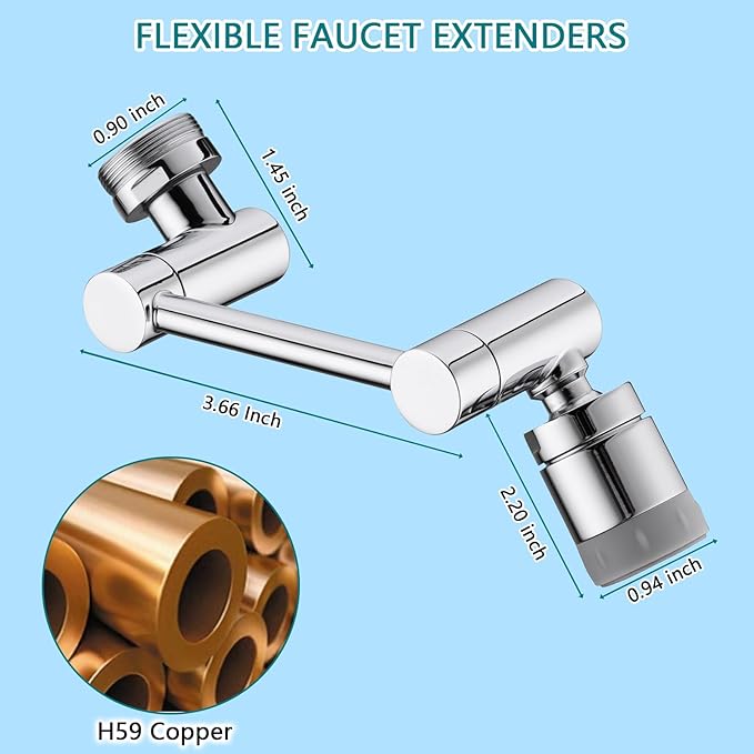 TIDYENDURE 1080°Swivel Faucet Extender, Sink Water Faucet Aerator Extension, 2-Flow Sprayer Faucet Head, Faucets Bubbler for Kitchen and Bathroom Sink Faucet, Tap Adjustment for Face Washing, Silver