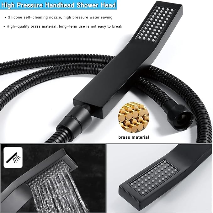 All Metal 12'' Rain/Rainfall Shower Head with Handheld Spray Combo, High Pressure Square Shower Head with 13'' Extension Arm, Dual Black Shower Heads with 78'' Hose, Waterfall Showerhead, BELLEARLY