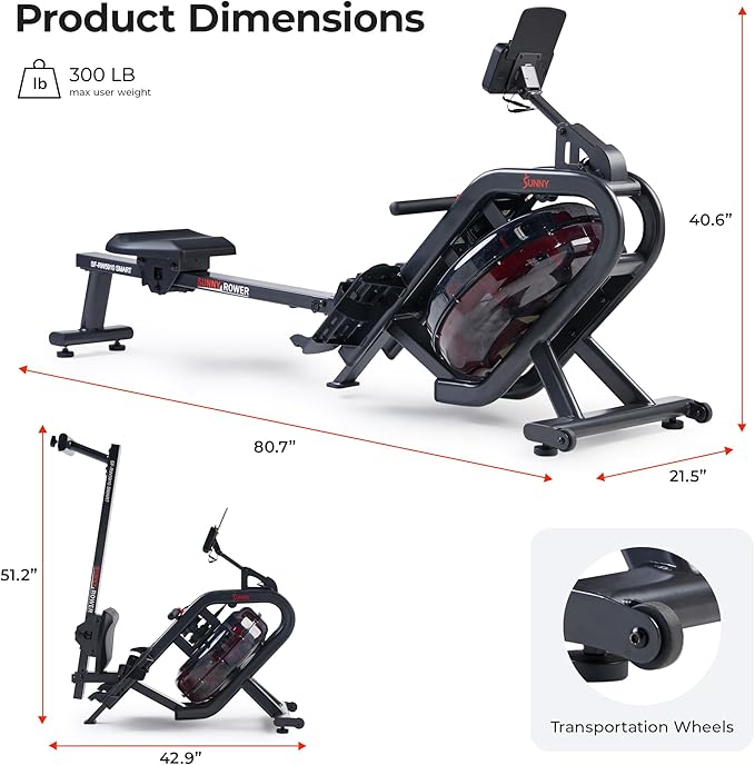 Sunny Health & Fitness Flip & Foldable Rowing Machine for Home w/Extended Slide Rail, Full-Body Workout, Low-Impact, Optional Extra Long Rail, Quiet Rail Cover, Water Motion and Free SunnyFit App-FlexoryFit