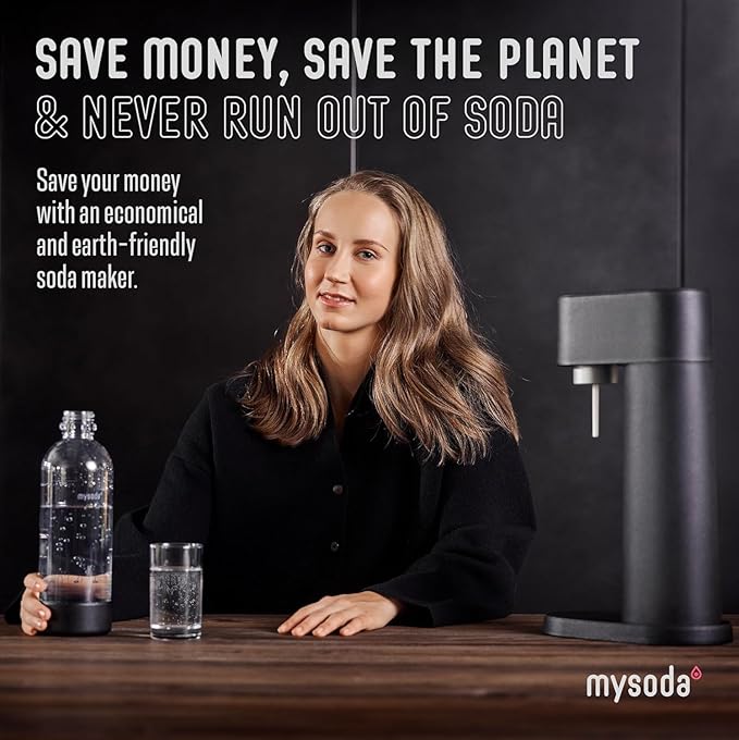Woody Sparkling Water Maker - Silent Carbonated Water Machine Made of Renewable Wood Composite and 1L Water Bottle - Without CO2 Cylinder - Seltzer Maker Machine - Colour Black