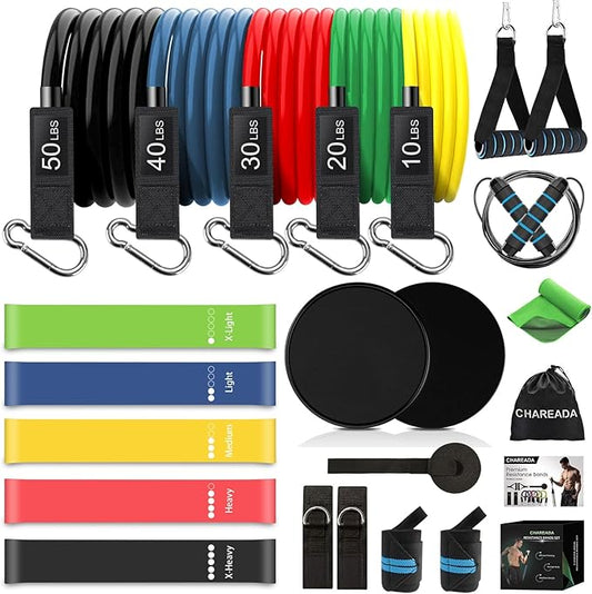 23 Pack Resistance Bands Set Workout Bands, 5 Stackable Exercise Bands 5 Loop Resistance Bands 2 Core Sliders, Door Anchor Handles Ankle Straps Carry Bag Instant Cooling Towel Wrist Wraps-FlexoryFit