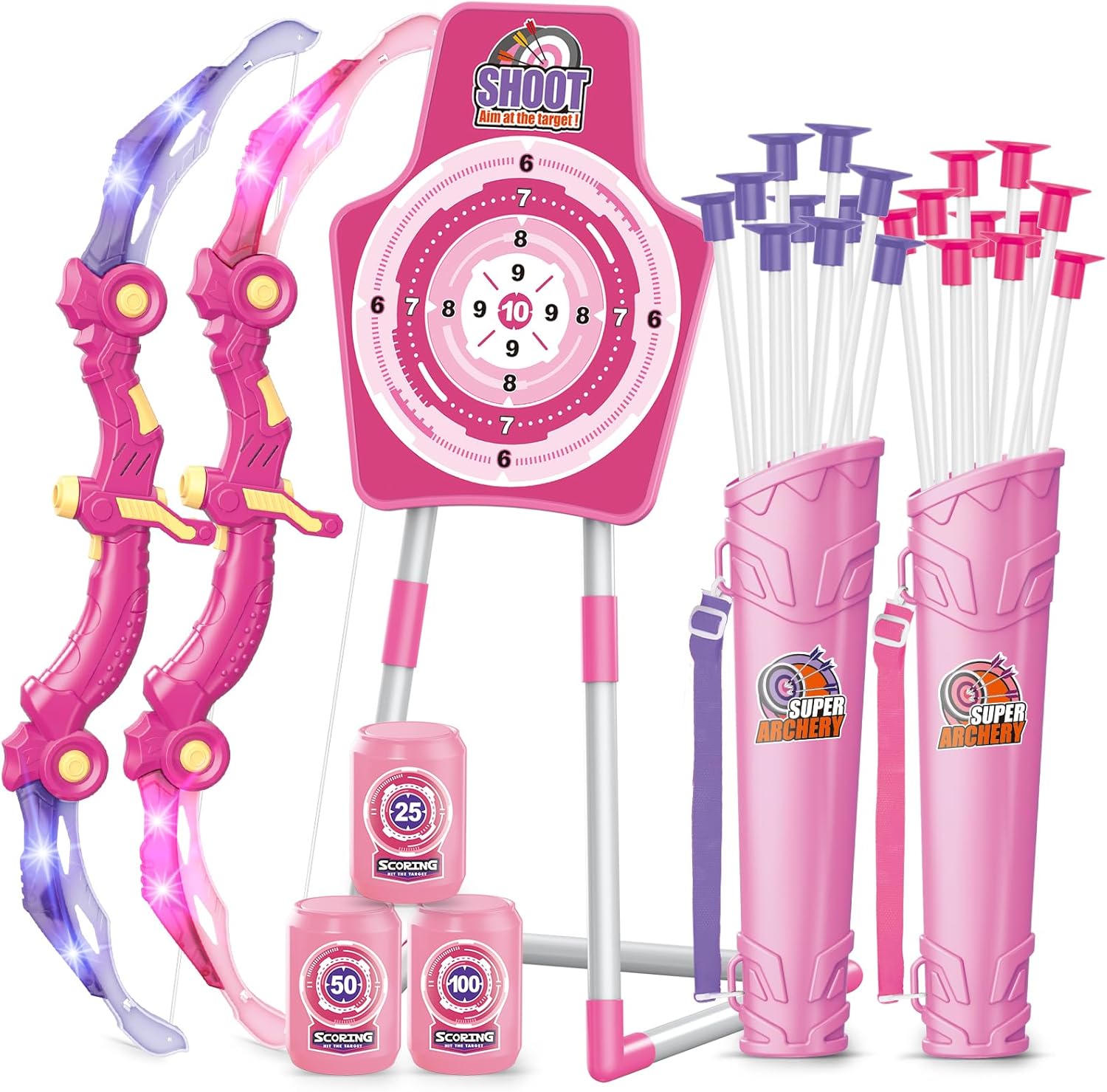 SpringFlower 2 Bow and Arrow Sets with LED Light-up,2 Foam Dart Guns for Kids 5 6 7 8 9 10+ Years Old, Archery Set with Standing Target for Boys & Girl, Ideal Gift