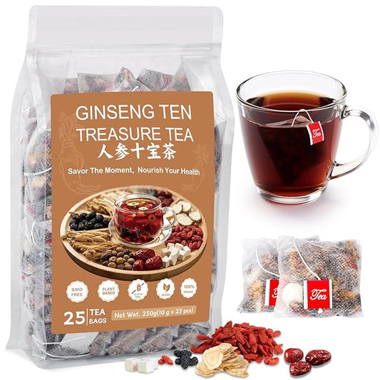 Kidney Tea Formula Ginseng Six Treasure Tea, Ginseng Five Treasure Cleanse Detox Teabag, 10 Precious Ingredients Formula Support Kidney and Live Health for Men Women (25 Bags/1 Pack)-FlexoryFit