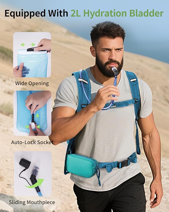 ECOHUB Hydration Backpack for Men Women, 20L Lightweight Hiking Daypack Cycling Backpack with 2L Water Bladder, Insulated Hydration Pack with Waist Pack-FlexoryFit