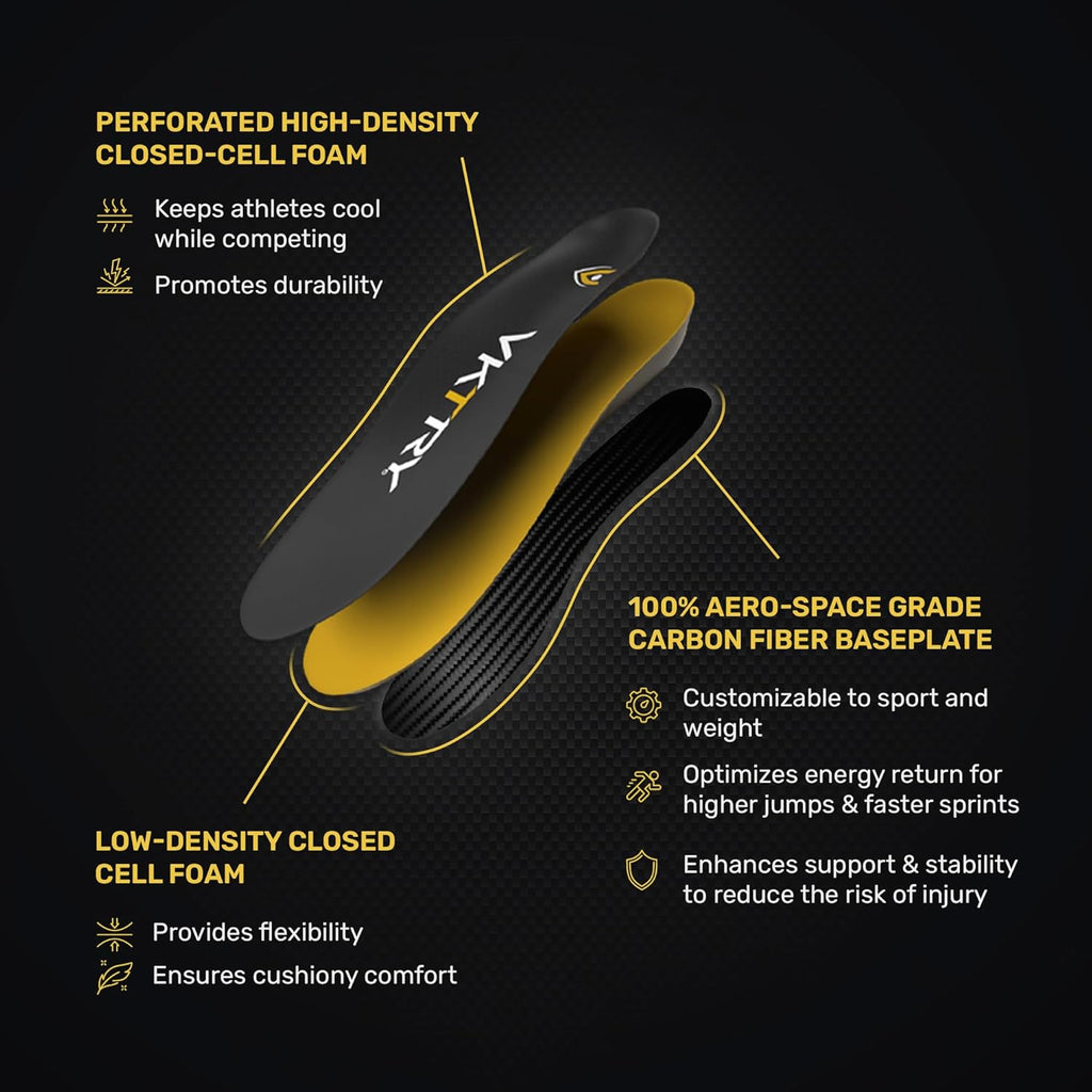 VKTRY Gold for Cleated Shoes - Carbon Fiber Performance Insoles - Customized Inserts for Soccer & Track | Run Fast, Jump High, Land Soft, Support Recovery, US: Men 5-5.5, Women 7-7.5, <120lb