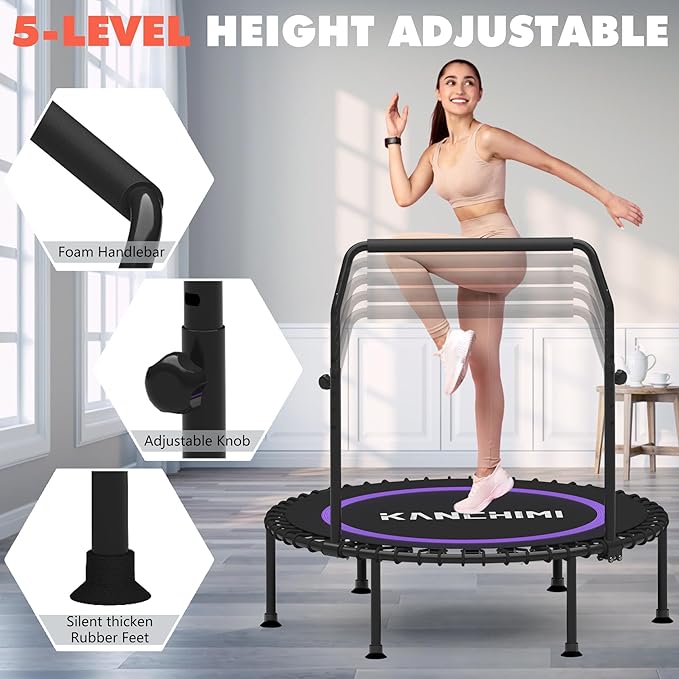 Kanchimi 550 LBS Foldable Mini Trampoline, 40" Fitness Trampoline Without armrests/U Shape Adjustable Foam Handle, Stable&Quiet Exercise Rebounder for Adults Indoor/Outdoor Workout-FlexoryFit