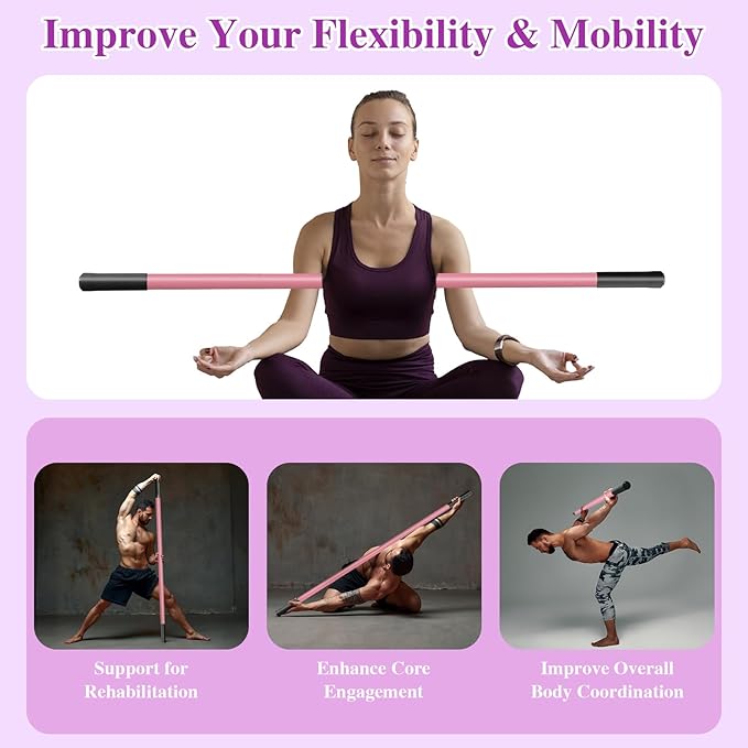 5ft Yoga Stick - Sturdy Steel Adjustable Stretching Stick for Mobility,Flexibility & Balance | Non-Slip Ends & Foam Handles | Exercise Pole for Fitness,Physical Therapy,Posture Correction-FlexoryFit