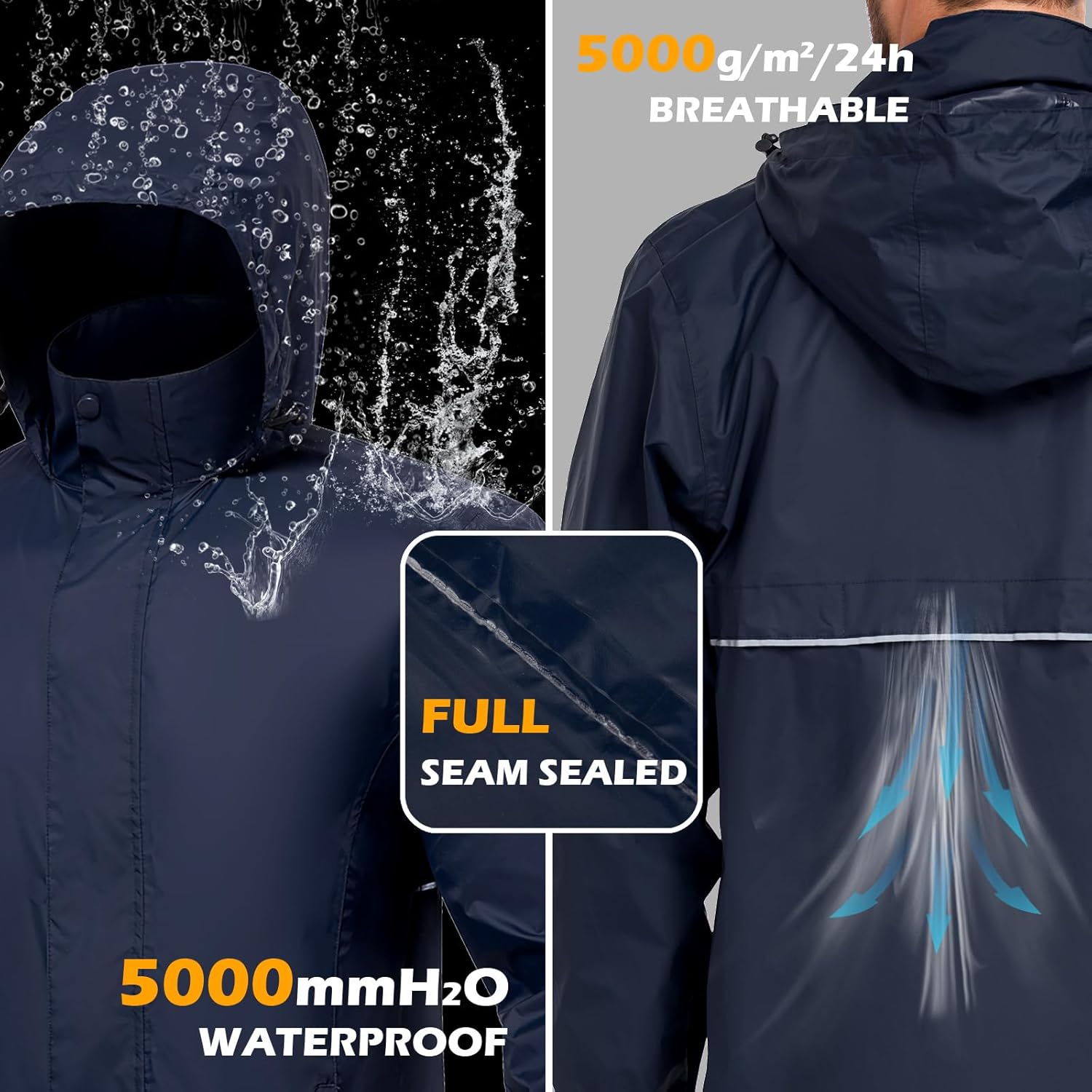 MANSDOUR Men's Packable Rain Jacket Waterproof Lightweight Windbreaker Cycling Golf Hiking Reflective Raincoat with Hood