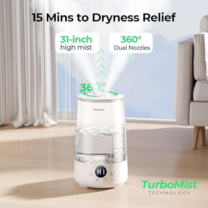 Homvana 3.6L Cool Mist Humidifiers for Bedroom, Large Room, House, Office, Living Room, 34H Top Fill, Aroma, Essential Oil Diffuser for Home, Portable Mini Air Humidifier for Hotel Scent (Transparent)