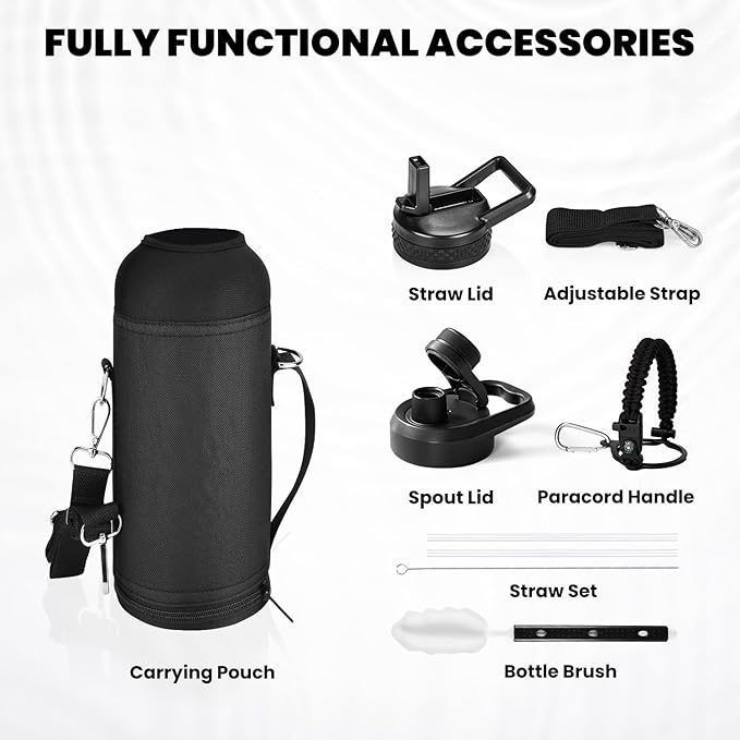 Insulated Water Bottle 40 oz, Triple Wall Vacuum Stainless Steel (Cold for 48 Hrs), Leak Proof & Non-BPA, Modern Water Flask Jug with Paracord Handle & Straw Spout Lids, Magic Black-FlexoryFit