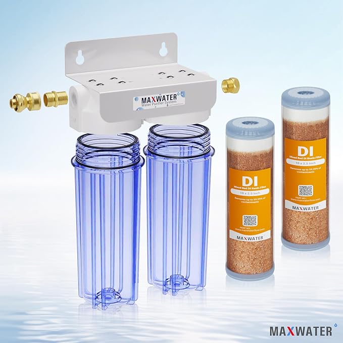 Max Water 2 Stage Deionized Spot Free Car Rinse Unit, Premium Water Deionizer for Spotless Washing - Car RV and Motorcycle Wash System - 2 DI Filters with 45-80 PSI and 3/4" Inlet/Outlet