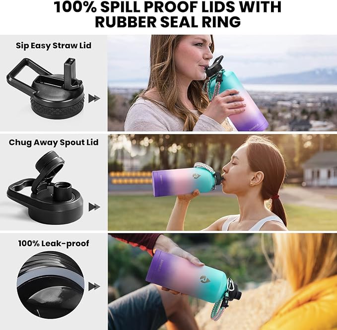 Insulated Water Bottle 87 oz, Triple Wall Vacuum Stainless Steel (Cold for 48 Hrs), Leak Proof & Non-BPA, Modern Water Flask Jug with Paracord Handle & Straw Spout Lids, Hydrangea-FlexoryFit