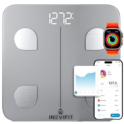 INEVIFIT Smart Body Fat Scale, Highly Accurate Bluetooth Digital Bathroom Body Composition Analyzer, Measures Weight, Body Fat, Water, Muscle, Visceral Fat & Bone Mass for Unlimited Users (Silver)-FlexoryFit