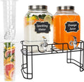 1 Gallon Glass Drink Dispensers, 2 Pack Clear Beverage Dispenser with Stand and Spigot for Parties, Drink Dispenser with Ice Core and Sticker for BBQ, Picnic, Lemonade Dispenser