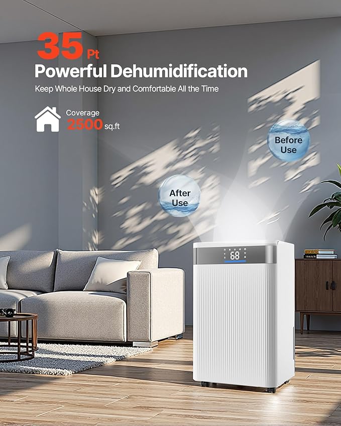 VEVOR 35 Pints Dehumidifier for Home & Basement, 2500 Sq.Ft Coverage, Drain Hose for Commercial & Industrial Use, Smart Humidity Control, Low Noise for Large Rooms, Warehouses, Bedrooms & Storage