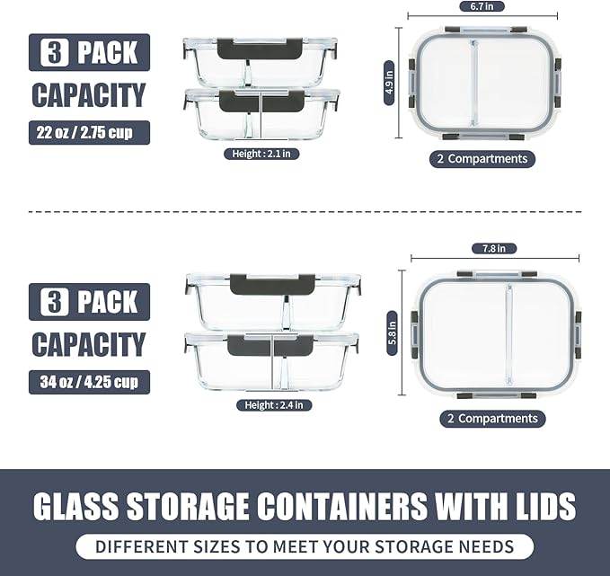 2 Compartment Glass Meal Prep Containers, 6 Pack Reusable Food Storage Containers with Lids, Lunch Containers for Adults, Portion Control, Airtight, Freezer to Microwave Safe(34oz+22oz)-FlexoryFit