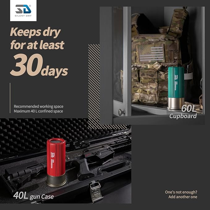 SILENT DRY Cordless Gun Safe Dehumidifier – Reusable Mini Dryer for up to 40L – Fast Rechargeable & Moisture Removal for Guns, Closet, Cabinet, Camera, up to 40L Safe, Shotgun Jr. – BLACK (1 Pack)