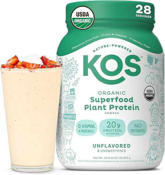 KOS Vegan Protein Powder, Unflavored & Unsweetened - Low Carb Pea Protein Blend, Organic Superfood Rich in Vitamins & Minerals - Keto, Soy, Dairy Free - Meal Replacement for Women & Men - 28 Servings-FlexoryFit