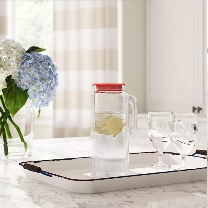 Bormioli Rocco Gelo 41 Oz Glass Pitchers with Lid - Set of 2 Carafe for Homemade Juice, Iced Tea, Milk, Cold Brew, Lemonade - Durable & Dishwasher Safe Pitcher, BPA-Free - Made in Italy (Red Lid)