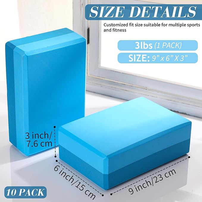 Liliful 10 Pcs Yoga Blocks Bulk Eva Foam Exercise Yoga Brick Soft Non Slip Surface Foam Blocks High Density Yoga Accessories for Workout Stability Balance Deepen Stretches Pilates 9''x6''x3''(Blue)-FlexoryFit