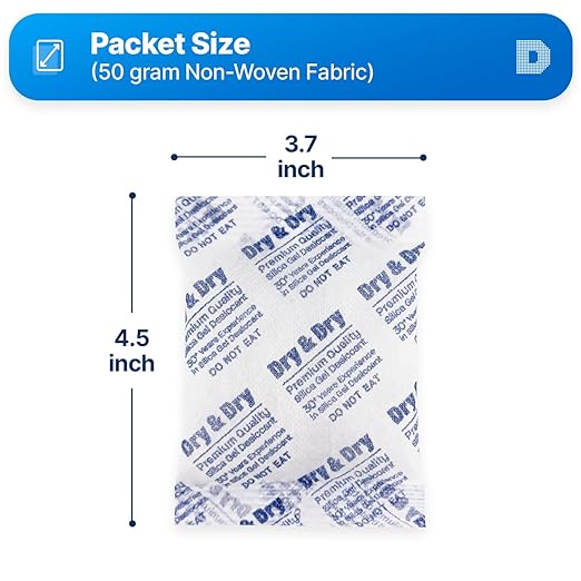 Dry & Dry 50 Gram [200 Packets] Silica Gel Packets Desiccants, Silica Packets - Rechargeable Silica Gel Packs, Desiccants Packets, Silica Gel