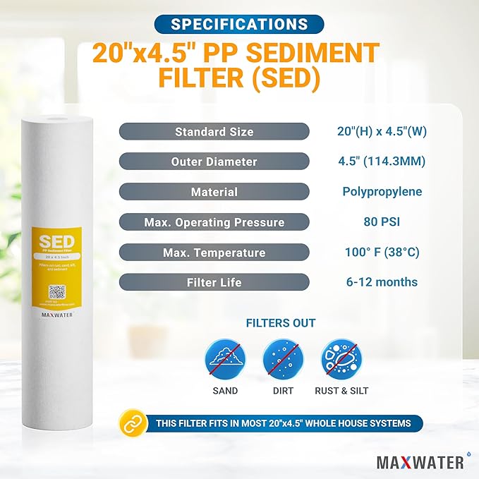 Max Water 5 Micron 20 x 4.5 Sediment Filter 20 inch Whole House BB Water Filteration System Replacement Compatible Cartridge DGD-5005-20, FP25B, AP810-6, FPMB5-20, P5-20, 155358-43, SDC-45-2005