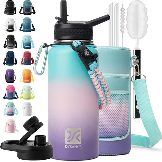 Insulated Water Bottle | Thickened Stainless Steel Vacuum Metal | Portable Sports Water Jug for Gym and Hiking with Straw, Carrier Bag, Handle Strap | BPA-Free 32 oz-FlexoryFit