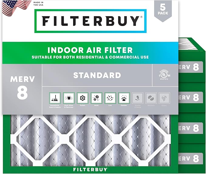 Filterbuy 20x20x4 Air Filter MERV 8 (MPR 700) Dust Defense Replacement (5-Pack), Electrostatic Pleated HVAC AC Furnace Filters, Made in USA (Actual Size: 19.50 x 19.50 x 3.63)