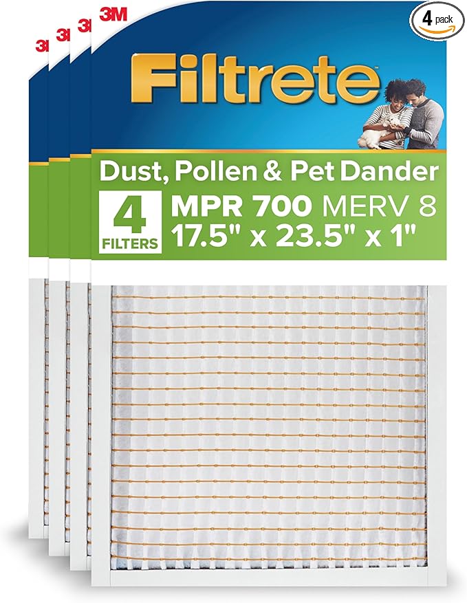 Filtrete 17.5x23.5x1 AC Furnace Air Filter, MPR 700, MERV 8, Tough on Pollen, Easy on Airflow, 3-Month Pleated 1-Inch Electrostatic Air Cleaning Filter, 4-Pack (Actual Size 17.19 x 23.19 x 0.81 in)